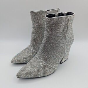 A New Day Rhinestone Pointed Toe Block Heel Ankle Boots Silver Size 6.5W